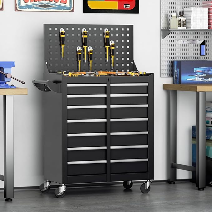 Greenvelly 7-Drawer Metal Tool Chest, Rolling Tool Chest with Wheels, Tool Cabinet with Pegboard and Hooks, Metal Tool Cart with Handle for Garage, Workshop, Warehouse (Black)