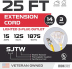 Iron Forge Cable 25ft Yellow Outdoor Extension Cord with 3 Outlets - 14/3 SJTW 15 Amp 25ft Extension Cord 3 Prong - Multiple Outlets with Lighted End