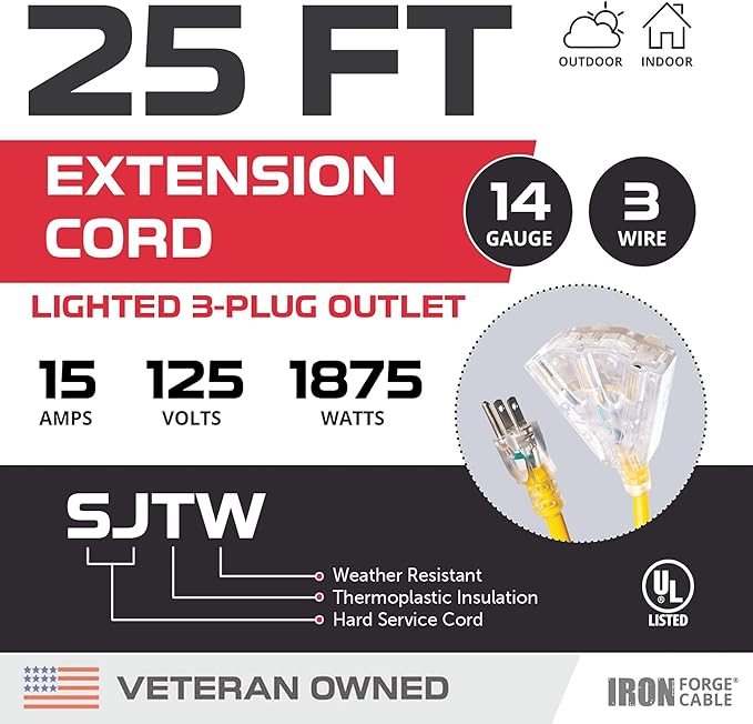 Iron Forge Cable 25ft Yellow Outdoor Extension Cord with 3 Outlets - 14/3 SJTW 15 Amp 25ft Extension Cord 3 Prong - Multiple Outlets with Lighted End