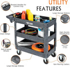 TUFFIOM Plastic Service Utility Cart with Wheels, 550lbs Capacity, Heavy Duty Tub W/Deep Shelves, Multipurpose Rolling 3-Tier Mobile Storage Organizer, for Warehouse Garage Industrial Cart