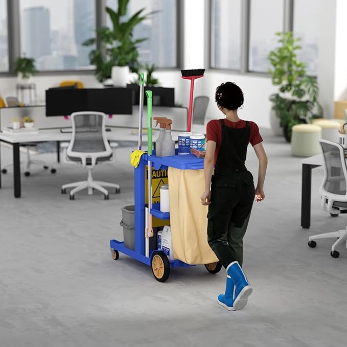 Nisorpa Commercial Janitorial Cart, 3-Shelf Housekeeping Cart, High Capacity Cleaning Cart, Utility Clean Trolley with Wheels and 25 Gallon Vinyl Bag 44.5", for Business/School/Office Cleaning