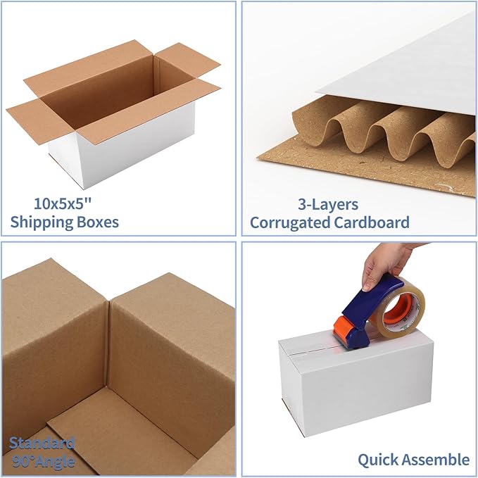 Hoikwo 10x5x5 Shipping Boxes Set of 25, White Corrugated Cardboard Box for Small Business for Packaging Mailing