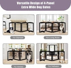 LZRS 4-Panel Freestanding Wooden Dog Gate—Extra Wide 30” Tall Foldable Pet Barrier with Support Feet, Solid Hardwood & Steel Wire Safety Gate for Doorways, Hallways, and Stairs, Black
