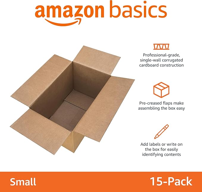Amazon Basics Cardboard Moving Boxes, 15 Pack, Small, Brown, 16" x 10" x 10"