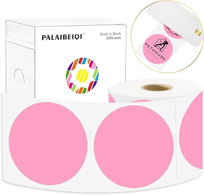 3 X 3 Inch Round Thermal Labels Circle Color Coding Labels Printable Waterproof 500PCS Round Stickers Adhesive Writable for Office, Home, Garage, DIY Sticker, Barcodes, Name Tag, Pink