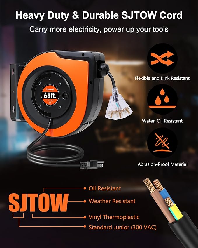 65FT Retractable Extension Cord Reel, 12AWG/3C SJTOW Heavy Duty Power Cord with Lighted Triple Tap Outlet, 15A Circuit Breaker, 180° Swivel Removable Bracket for Wall/Ceiling Mount, UL Listed