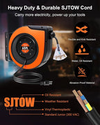 65FT Retractable Extension Cord Reel, 12AWG/3C SJTOW Heavy Duty Power Cord with Lighted Triple Tap Outlet, 15A Circuit Breaker, 180° Swivel Removable Bracket for Wall/Ceiling Mount, UL Listed