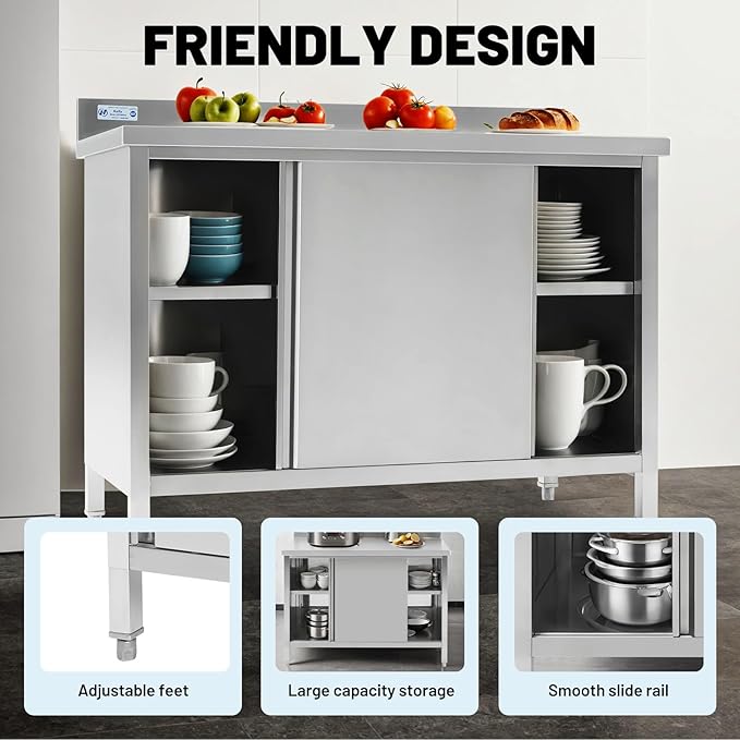 Hally Stainless Steel Cabinet, 30" x 60" NSF Commercial Heavy Duty Prep Workbench with Backsplash and Two Sliding Doors, Large Storage Cabinet, Metal Table for Kitchen, Restaurant, Garage