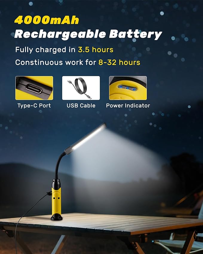 Magnetic LED Work Light Rechargeable,1000LM Flexible Gooseneck Magnetic Flashlight with Top & Base Magnets, Portable Mechanic Light for Auto Repair, Work Bench, Inspection, Emergency
