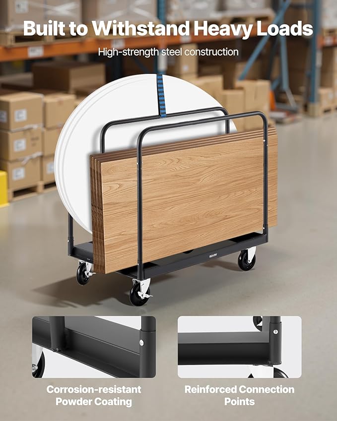 VEVOR Drywall Cart Dolly, 1800 lbs Load Capacity, Steel Panel Truck Cart with 5 inch Swivel Casters, Lumber Drywall Dolly with with Tie-Down Strap & 3 Side Handrails for Factory, Warehouse, Black