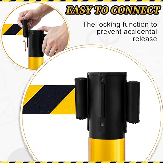 Therwen 6 Pack Heavy Duty Crowd Control Stanchions 9.8 ft Stainless Steel Stanchion Set with 6 Safety Barrier Post Retractable Belt and 1 Sign Holder Crowd Control Barrier(Stripe Belt,Yellow Black)