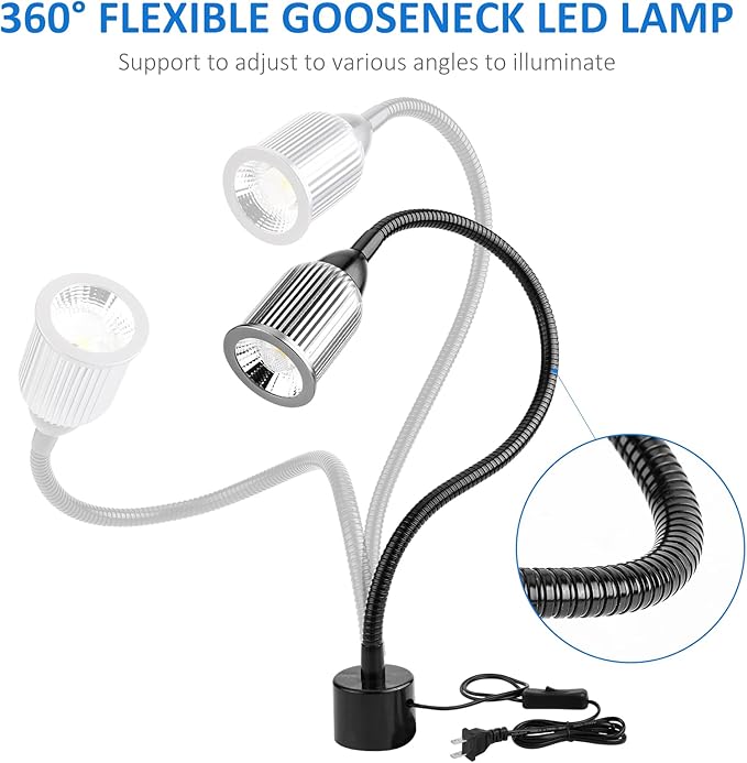 10W Magnetic Machine LED Work Light with Flexible Gooseneck and Magnetic Base, 1000lm, 6500k Magnetic Base Tool Lamp for Work Bench, lathe, Sewing Machine, Grill, Shop, Industrial Lighting