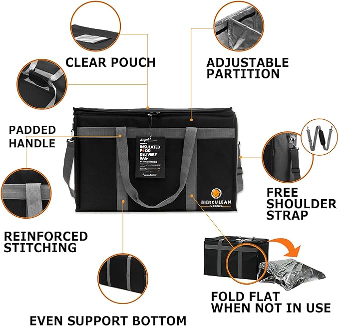 Herculean Premium Insulated Food Delivery Bag with YKK Zipper – Large Commercial Catering Bag for Food Transport – Hot and Cold Thermal Food Bag – Ultra Durable Hot Food Carriers for Takeaway Delivery
