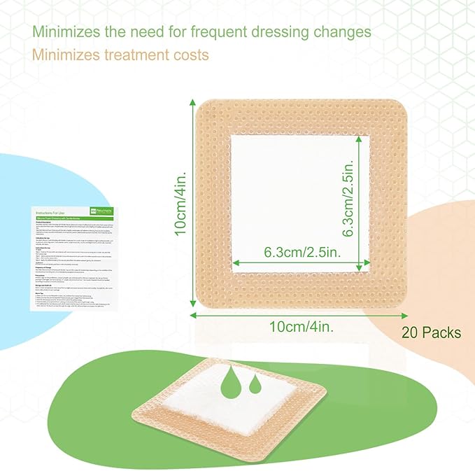 NeuHeils Silicone Super Absorbent Wound Dressing 4''x4'' 20 Packs, Self-Adhesive Waterproof Bandage with Ultrasorb Pad for Heavy Exudates Wound, Soft Gauze Island Dressing