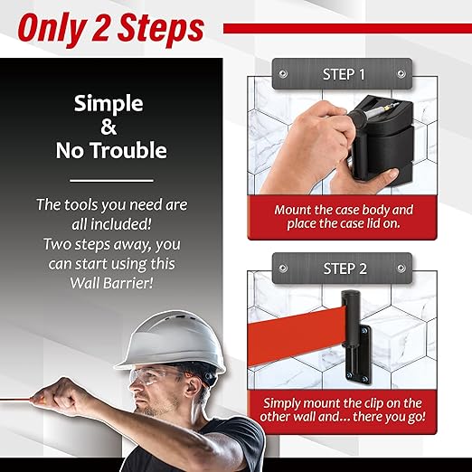 DuraSteel Wall Mount Retractable Belt Barrier - 6.5 Ft Red Safety Belt in Black Casing - Guardian 2.0 Indoor & Outdoor Do Not Cross Caution Tape for Crowd Control Queue Barrier, Line Divider, 10 Pcs