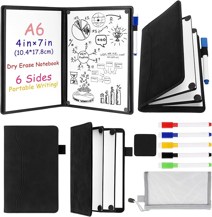 6 Sides Whiteboard Notebook Portable Whiteboard Dry Erase Notebook Portable Dry Erase Board Double Sided Folding Whiteboards White Board for Office Study Meeting(Black,A6: 4.5"×6”)