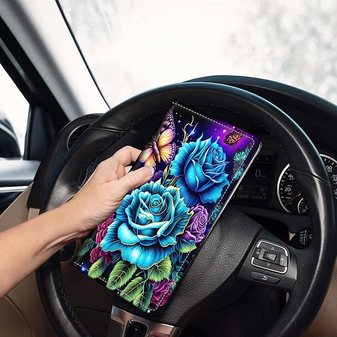 Car Registration and Insurance Holder, Leather Car Glove Box Organizer, Cool Car Accessories for ID, Driver's License Cards & Essential Document,business cards,Men&WomenRose Flowers Butterfly