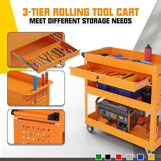 3 Tier Rolling Tool Cart on Wheels, 450 LBS Capacity Tool Cart with Drawers, Heavy Duty Rolling Utility Carts on Wheels, Rolling Tool Work Carts for Garage, Warehouse and Repair Shop,Orange