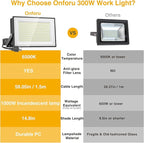 Onforu 300W Flood Lights Outdoor, 30000lm Bright LED Work Light with Plug, 6500K Daylight White LED Flood Lighting, IP66 Waterproof Security Yard Lights for Yard Garage Stadium 2 Pack