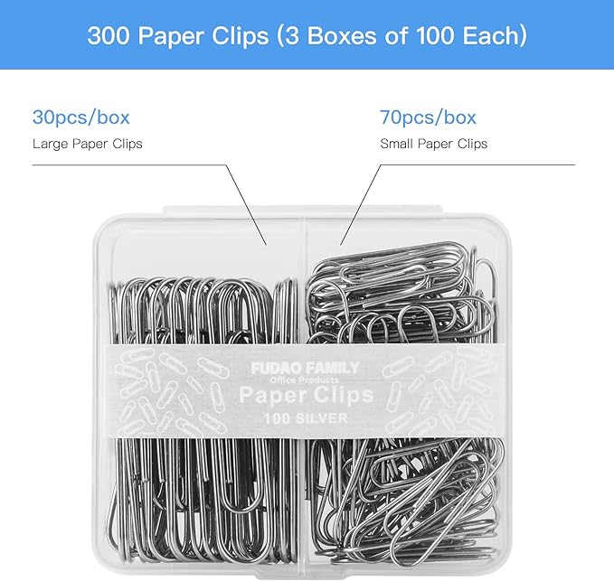 Paper Clips Assorted Sizes, Large PaperClips, Small PaperClips, Paper Clip, Paperclips, Pack of 3 Boxes of 100 Clips Each (300 Clips Total)