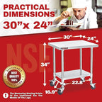 DuraSteel 30x24 NSF Stainless Steel Cart Work Table - Heavy Duty Rolling Food Prep Table - Metal Utility Cart on Wheels Caster, Grill Stand Microwave Outdoor Kitchen Tables Countertop Island Large Top