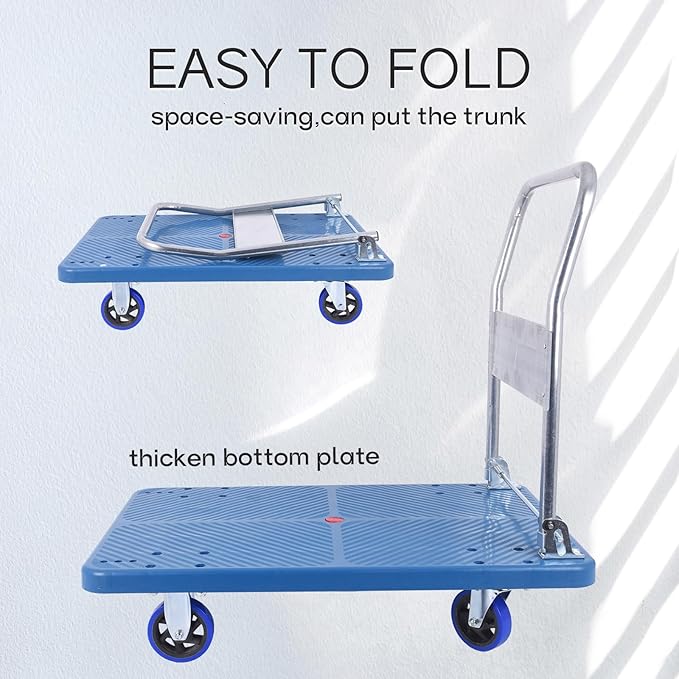 Doppy Flatbed Cart, 660lbs Heavy Duty Capacity Platform Hand Truck 360 Degree Swivel Wheels Foldable Push Hand Cart for Loading and Storage, Warehouse (Blue)
