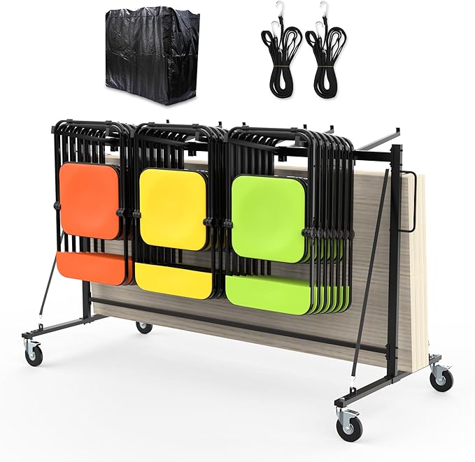 Folding Chair Rack Table and Chairs Storage Cart 400 LBS Capacity Heavy Duty Steel Mobile Dolly, 42 Chairs or 12 Tables Folding Chair on Wheels Storage Rack with Dust Cover & Elastic Cords