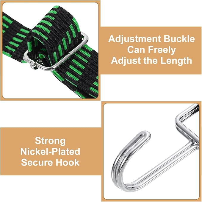 uxcell 2Pcs Adjustable Bungee Cords with Hooks, 79 Inch Flat Heavy Duty Elasticity Straps Rubber Bungee Cords with Buckle for Outdoor, Camping, Tarp, Bike Rack, Luggage, Black Green