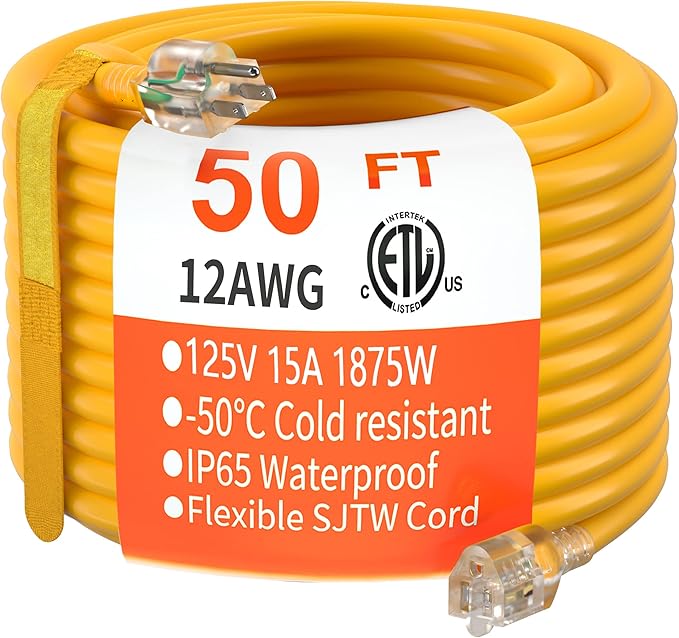 HUANCHAIN 50 ft 12/3 Gauge Heavy Duty Outdoor Extension Cord Waterproof with Lighted, Flexible Cold Weather 3 Prong Electric Cord Outside, 15A 1875W 125V 12AWG SJTW, Yellow, ETL Listed