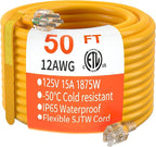 HUANCHAIN 50 ft 12/3 Gauge Heavy Duty Outdoor Extension Cord Waterproof with Lighted, Flexible Cold Weather 3 Prong Electric Cord Outside, 15A 1875W 125V 12AWG SJTW, Yellow, ETL Listed
