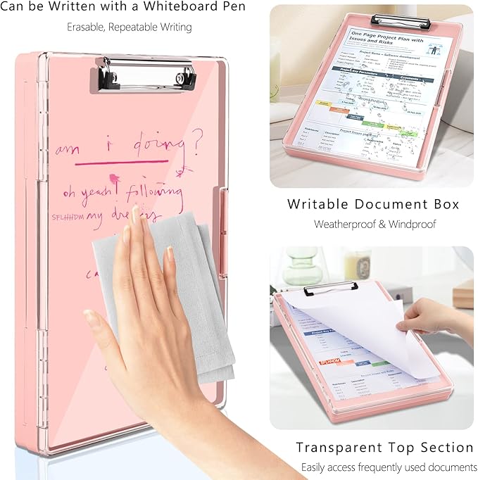Clipboard with Storage,Heavy Duty Clip Boards 8.5x11 with 2 Storage Case,Clear Visible Top Panel Storage Clipboards,Side Opening Clip Boards,Nursing Clipboard Folder Case for Office Supplies-Pale Pink