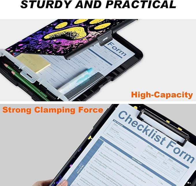 Clipboard with Storage Compartment, 8.5 x 11 Letter Size Side Opening Clip Board with Pen Holder, Hard Portable Clipboard Organizer for Nurse, Teacher, Contractor, Jobsite, Dog Paw