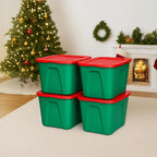 HOMZ 4-Pack Molded Bin, Holiday Storage Containers w/ Lids, 18 Gal, Green/Red Stackable Plastic Totes for Christmas Decorations, Gift Wraps, Crafts