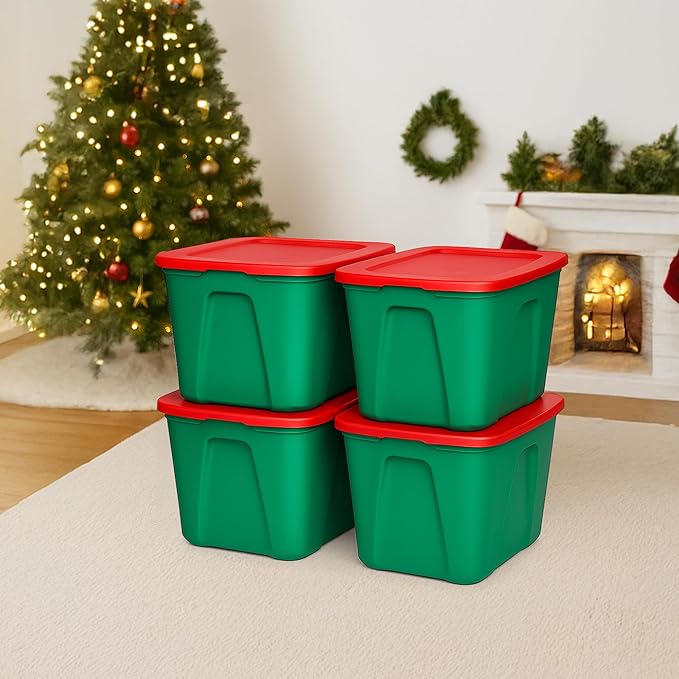 HOMZ 4-Pack Molded Bin, Holiday Storage Containers w/ Lids, 18 Gal, Green/Red Stackable Plastic Totes for Christmas Decorations, Gift Wraps, Crafts