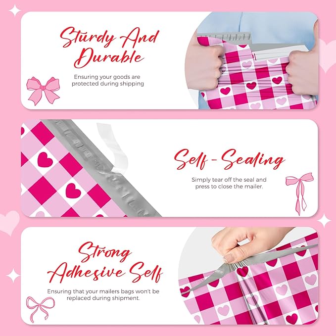 Metronic Poly Mailers 14.5x19 Inch 50pc Shipping Bags for Clothes,Self Adhesive Shipping Envelopes for Small Business,Waterproof Mailers Poly Bags for Shipping,Packaging Mailing Bags Pink Checkered
