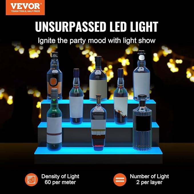 VEVOR LED Lighted Liquor Bottle Display, 3 Tiers 24 Inches, Supports USB, Illuminated Home Bar Shelf with RF Remote & App Control 7 Static Colors 1-4 H Timing, Acrylic Lighted Shelf for 18 Bottles