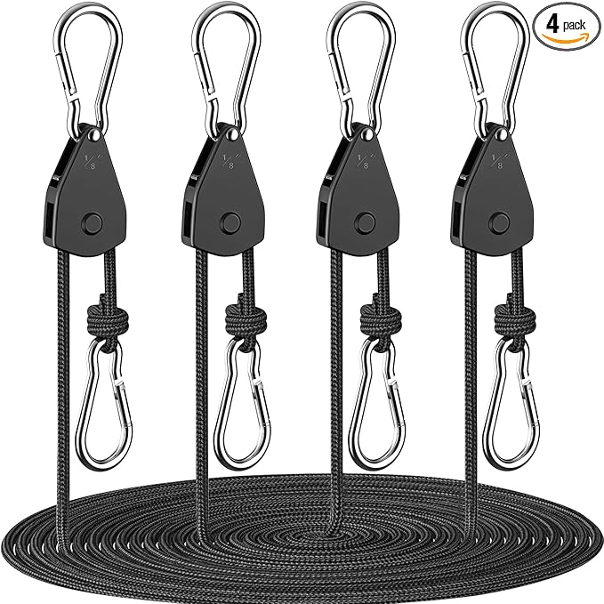 Fondwell 1/8" Rope Tie Downs Ratchet: 4 Pack of Grow Light Hangers Adjustable - Mini Ratchet Straps for Various Hanging and Strapping
