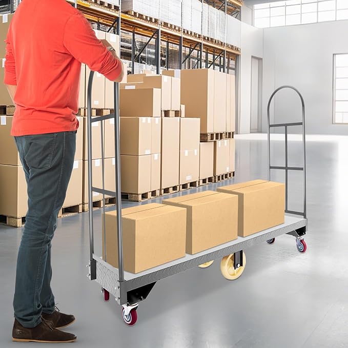 Heavy Duty, Narrow Aisle U-Boat Platform Truck, Premium Hand Truck Can Hold Loads Up to 2,000 Pounds, 15.7x64.6 Inch Steel Deck