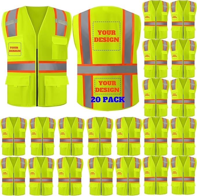 BeautyWill 10/20 Pack Custom Logo Safety Vest,Bulk High Visibility Class 2 Reflective Work Vests