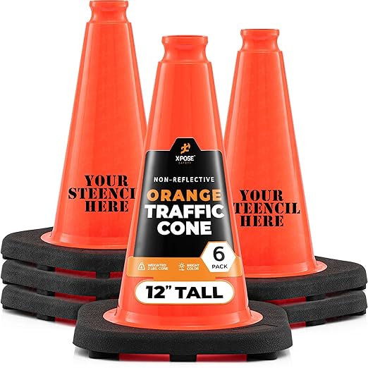Xpose Safety 12 Inch Orange Traffic Cones, 6-Pack - Multipurpose PVC Plastic Safety Cone for Parking, Soccer, Caution, Kids and Construction - DOT Approved