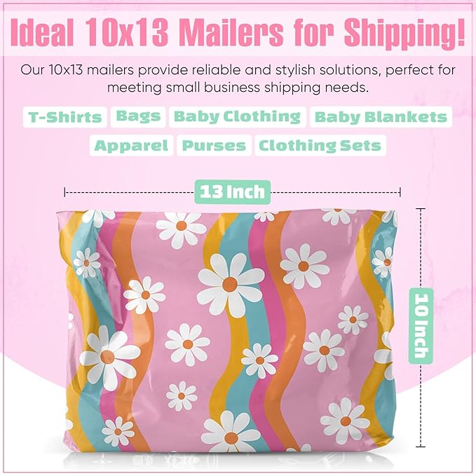 10x13 Poly Mailers – Groovy Daisy – Waterproof, Tear-Resistant Shipping Bags with Adhesive Seal – 100 Pack – Package Mint