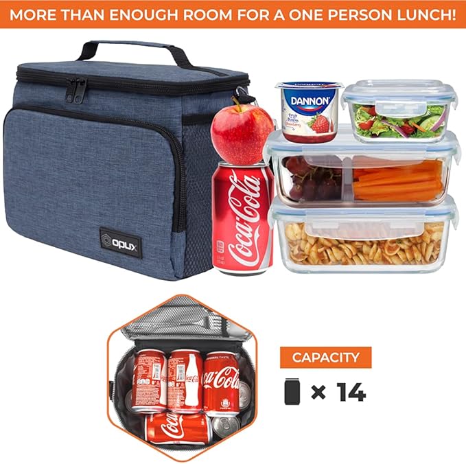 opux Insulated Lunch Bag for Men Women, Soft Lunch Box for Office Work School Picnic, Leakproof Lunch Cooler Bag with Shoulder Strap for Kid Adult Boy Girl, Medium Lunchbox Lunch Tote (Heather Navy)
