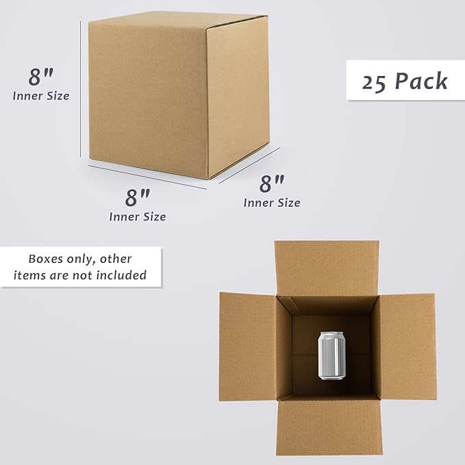 Frametory 8x8x8 Pack of 25 Corrugated Cardboard Packing Shipping Mailing Moving Carton Boxes, Brown