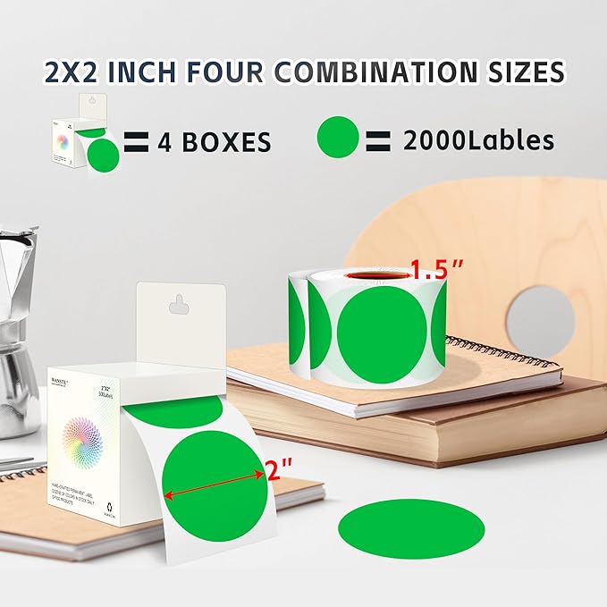 Easy to Use 2 Inch Green Multi-Purpose Round Coding Labels, 4 Rolls 2000 PCS Circle Strong Adhesive Sticker for Office,Inventory, Organizing