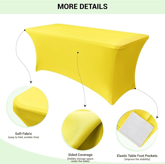 Obstal 6 Pack Stretch Spandex Table Covers for 6 Foot Tables - 6 FT Universal Rectangular Fitted Tablecloth Protector for Wedding, Banquet, Party (Yellow, 72 Length x 30 Width x 30 Height Inches)
