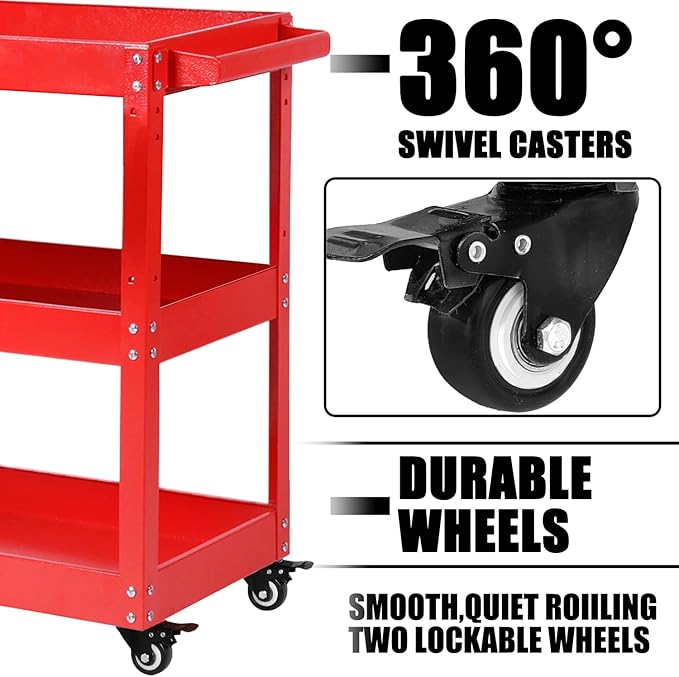 Tool Cart on Wheels, 3 Tier Rolling Mechanic Utility Cart, Heavy Duty Steel, Lockable Wheels, 450 LBS Capacity for Garage, Warehouse, Workshop