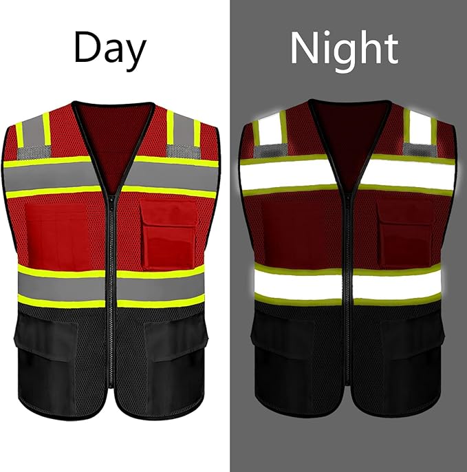 Safety Vest Customize Logo with 5 Pockets & Zipper Reflective High Visibility Vest Class 2 Outdoor Workwear