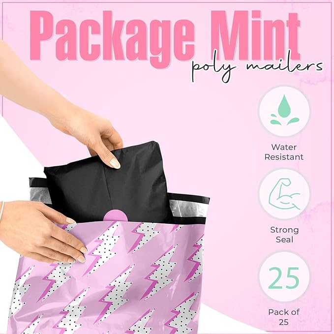 10x13 Poly Mailers – Lightning Bolt – Waterproof, Tear-Resistant Shipping Bags with Adhesive Seal – 25 Pack – Package Mint