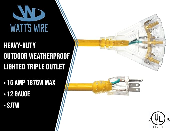 2 ft Short Outdoor Extension Cord Waterproof - 12 Gauge Heavy Duty Extension Cord Splitter Outdoor 2 ft - Lighted Outdoor Extension Cords with Multiple Outlets - Watts Wire - 2' Grounded