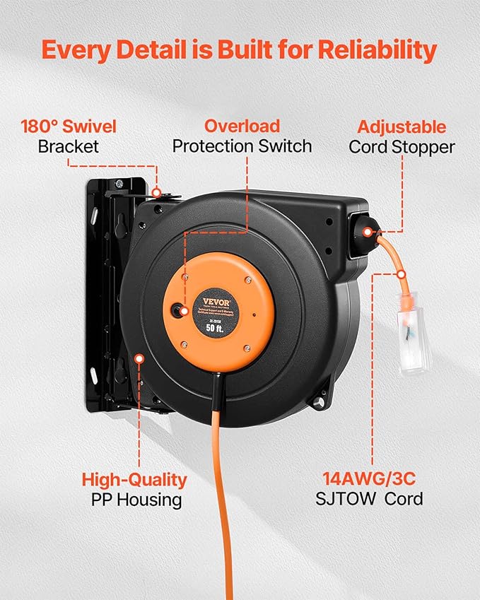 VEVOR Retractable Extension Cord Reel, 50 FT Heavy Duty 14AWG/3C SJTOW Power Cord with Lighted Triple Tap Outlet, 13 Amp Circuit Breaker, 180° Swivel Bracket for Ceiling or Wall Mount